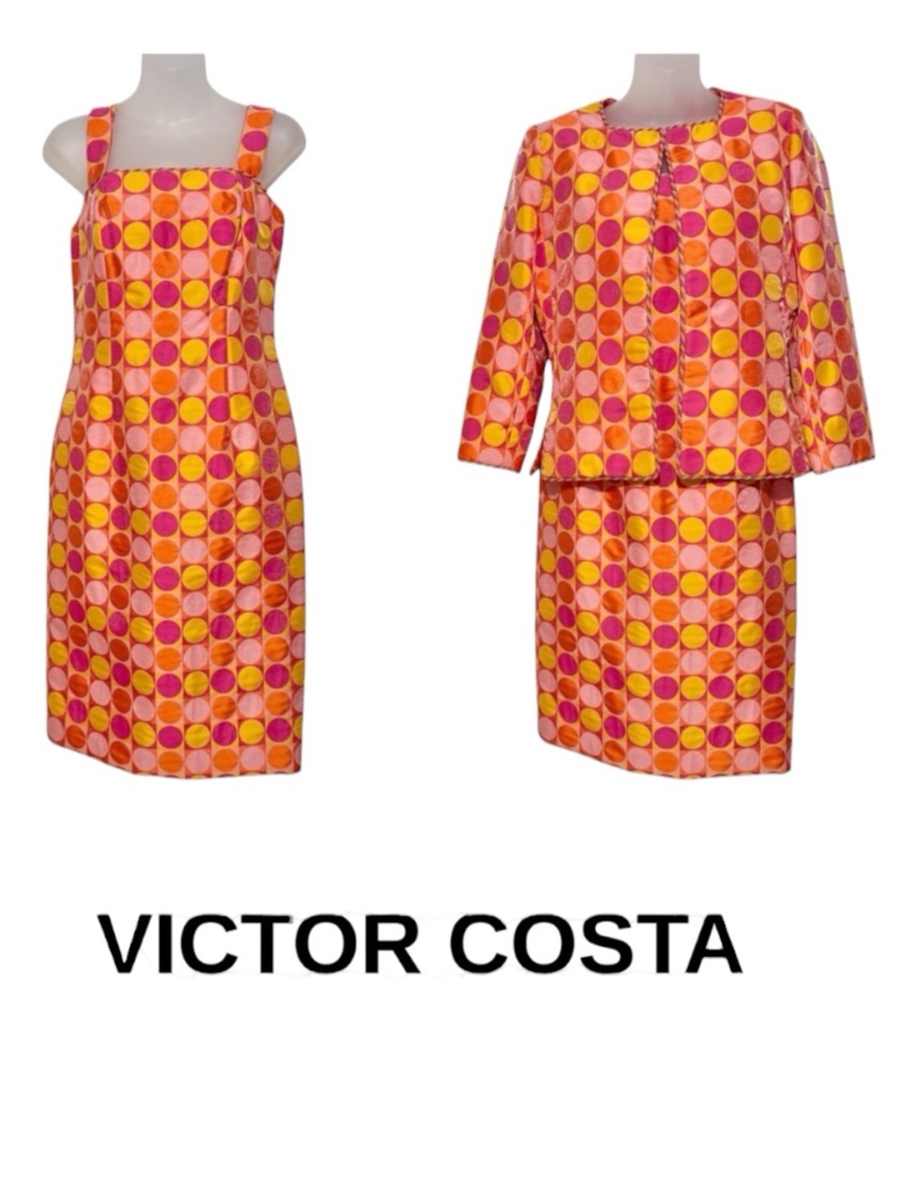 Victor Costa Orange/Pink/Yellow Circles Dress with Matching Jacket